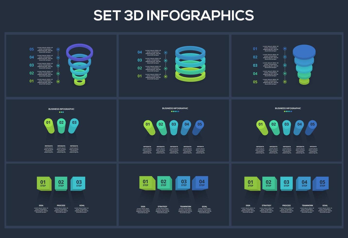 Set 3d concept for infographic with 3, 4, 5, 6 steps, parts or processes. Template for web on a black background. vector