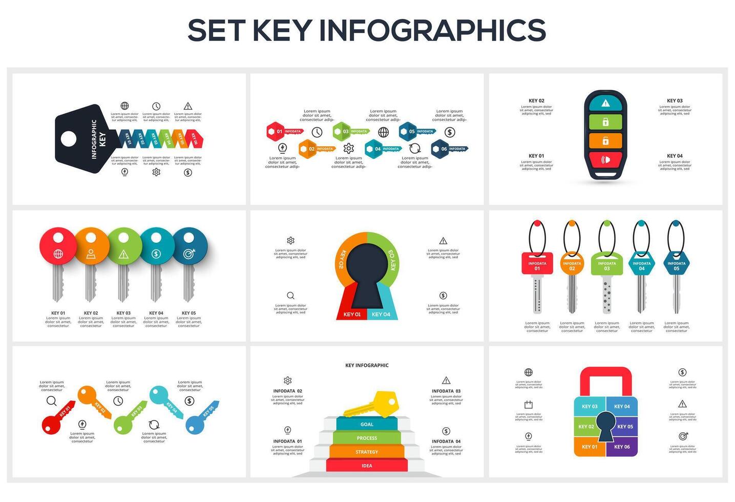 Set Keys concept for infographics with 4, 5, 6 steps, options, parts or processes. Business data visualization. vector