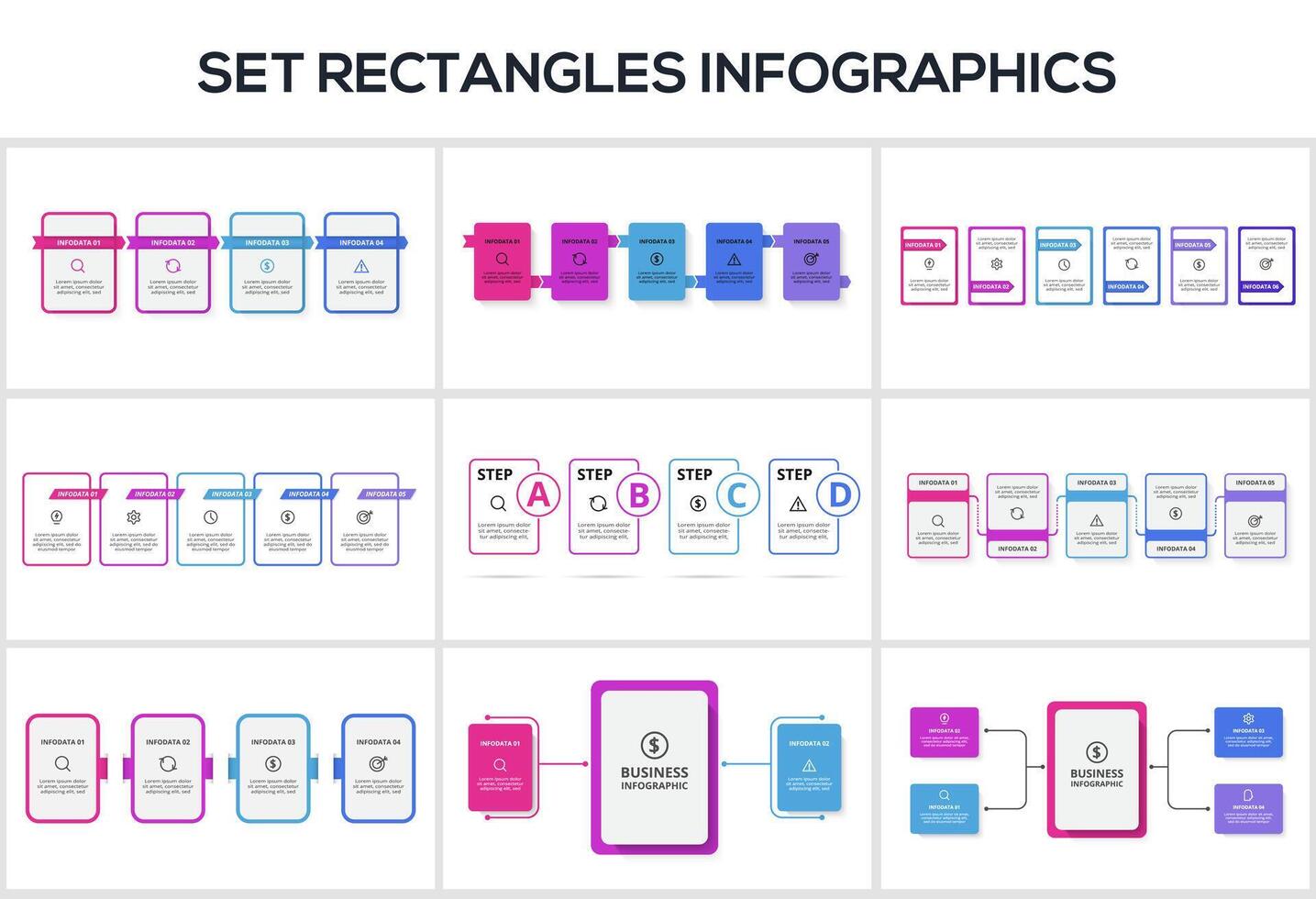 Set Rectangles concept for infographics with 2, 4, 5, 6 steps, options, parts or processes. Business data visualization. vector