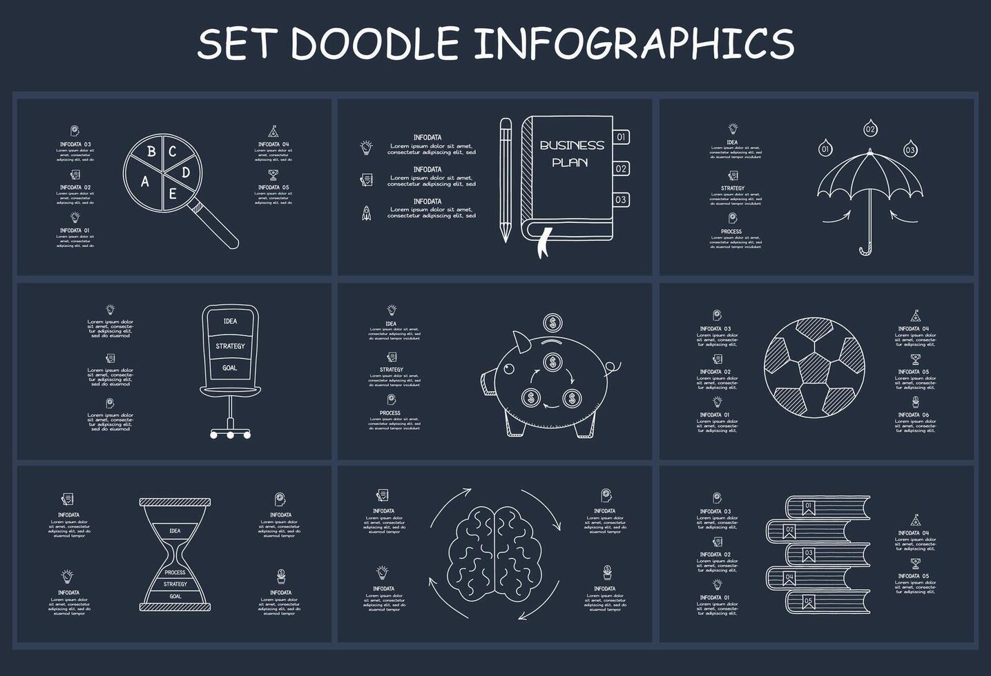 Set doodle dark infographics elements with 3, 4, 5, 6 options, template for web on a black background. vector