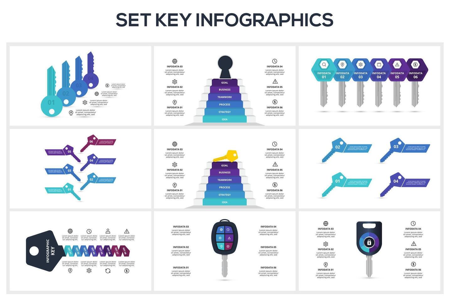 Set Keys concept for infographics with 3, 4, 6, 8 steps, options, parts or processes. Business data visualization. vector