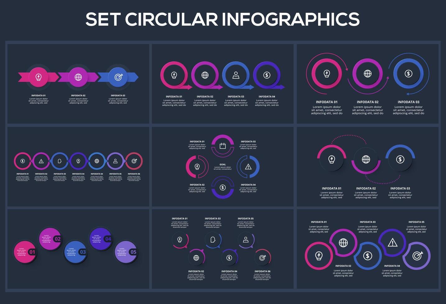 Set creative concept for infographic with 3, 4. 5, 6, 7 steps, options, parts or processes. Business data visualization. vector