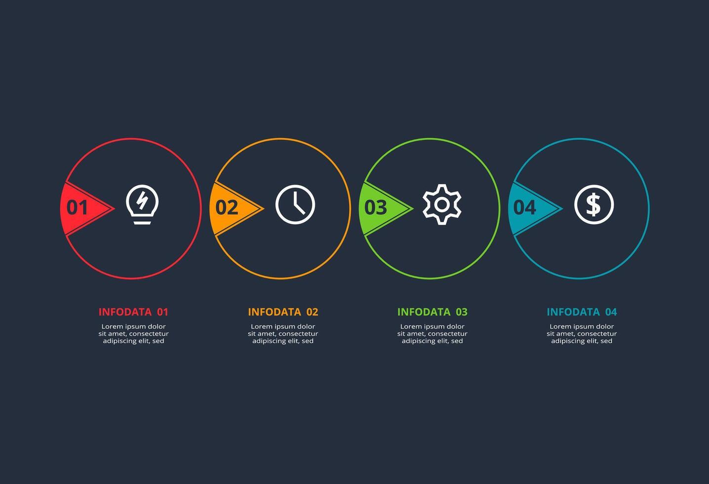 Line concept for infographic with 4 steps, options, parts or processes. Template for web on a black background. vector