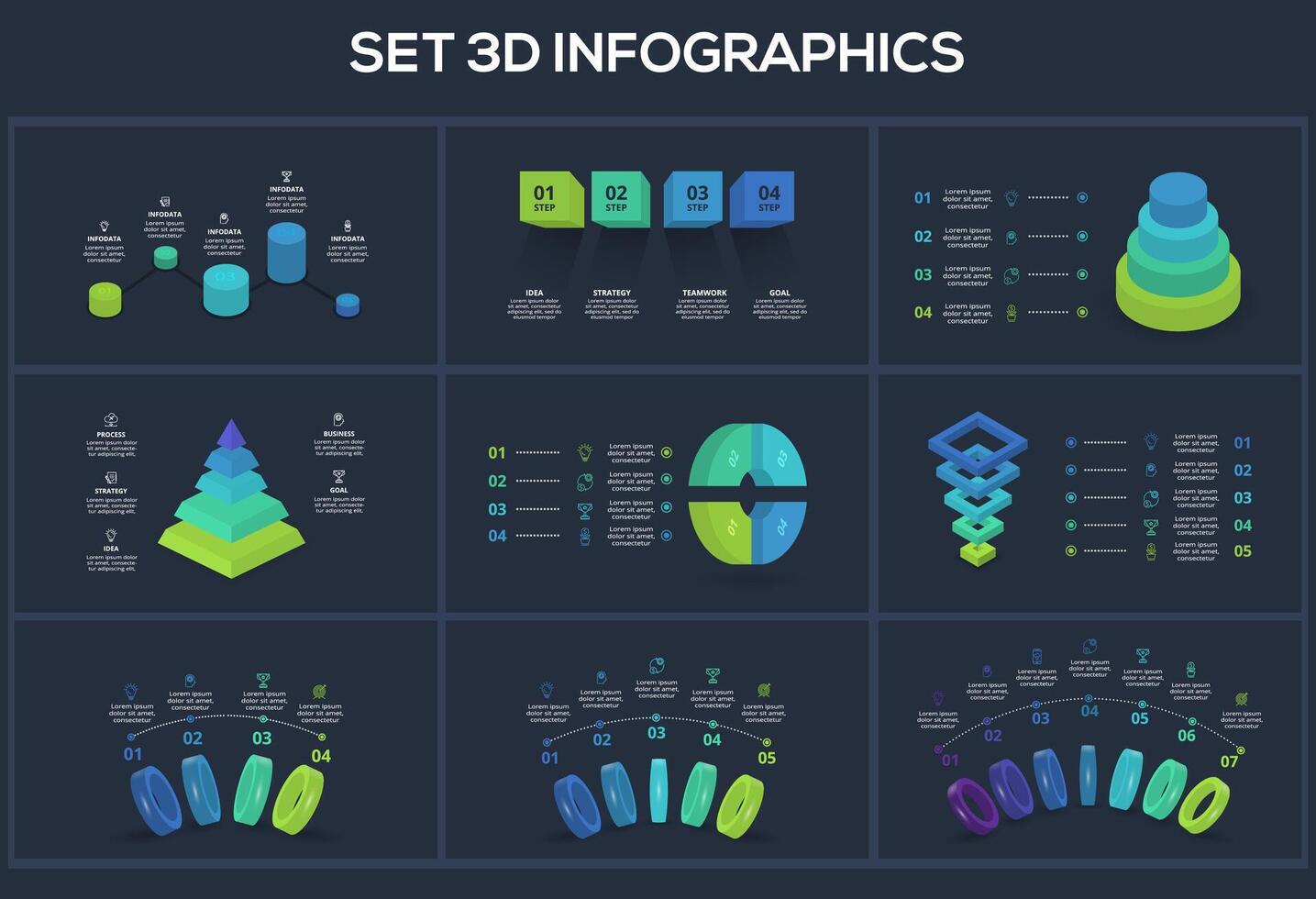 Set 3d concept for infographic with 4, 5, 6, 7 steps, parts or processes. Template for web on a black background. vector