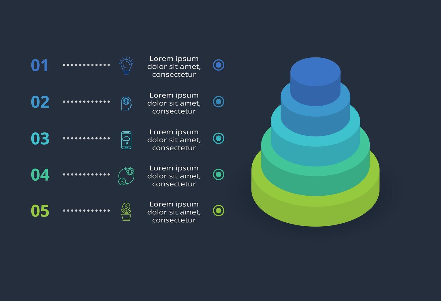 3d concept for infographic with 5 steps, options, parts or processes. Template for web on a black background. vector