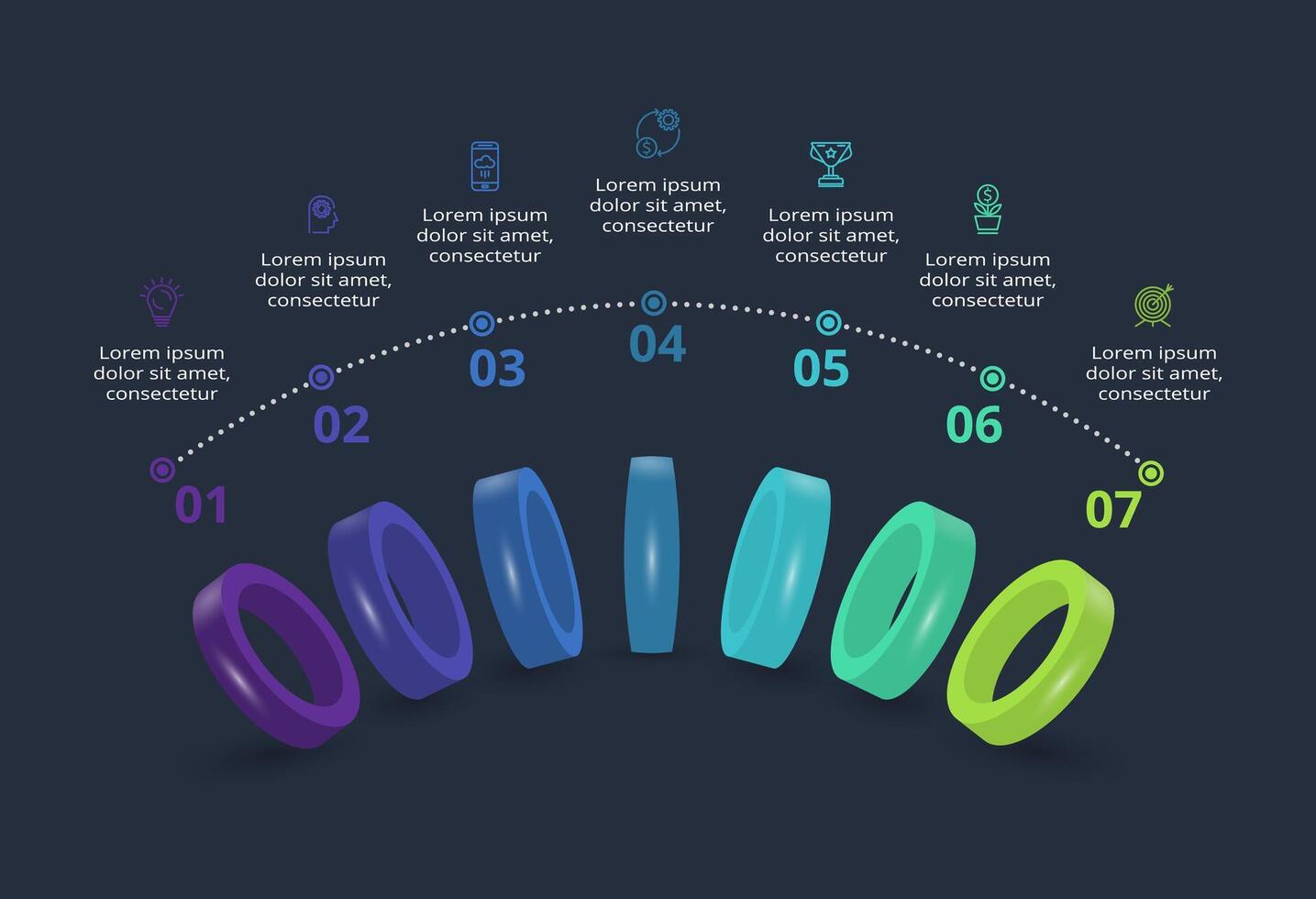 3d concept for infographic with 7 steps, options, parts or processes. Template for web on a black background. vector