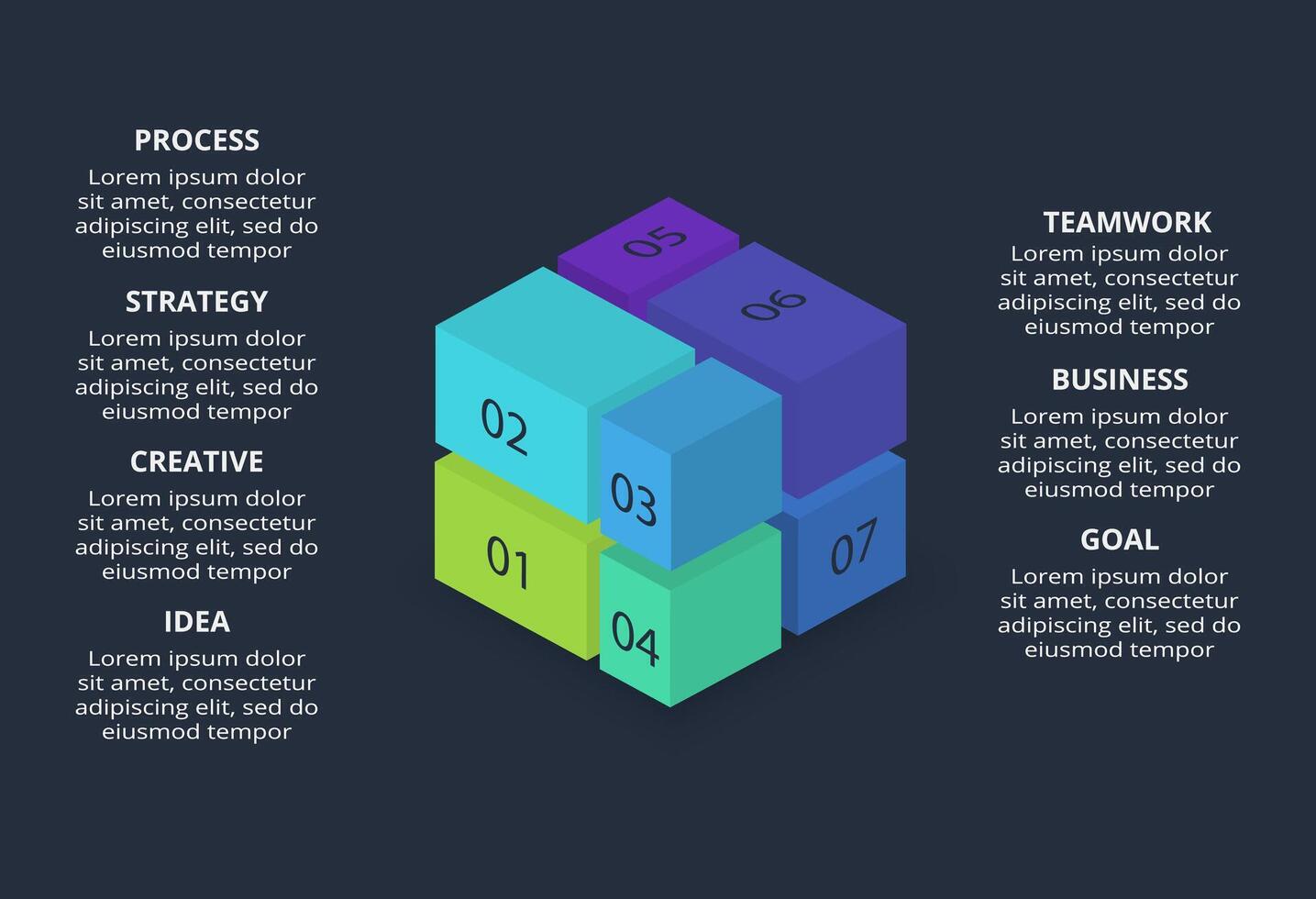 3d concept for infographic with 7 steps, options, parts or processes. Template for web on a black background. vector