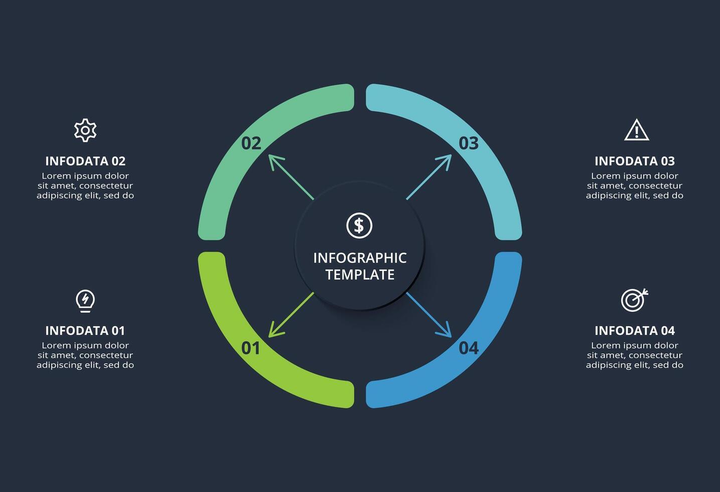 Diagram concept for infographic with 4 steps, options, parts or processes. Template for web on a black background. vector