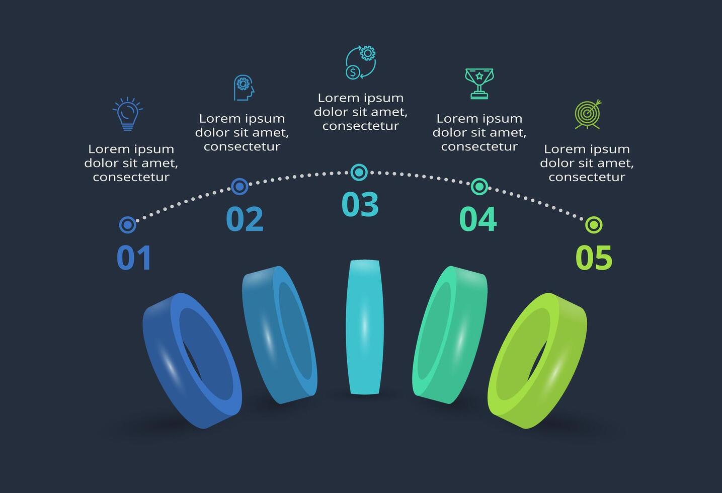 3d concept for infographic with 5 steps, options, parts or processes. Template for web on a black background. vector