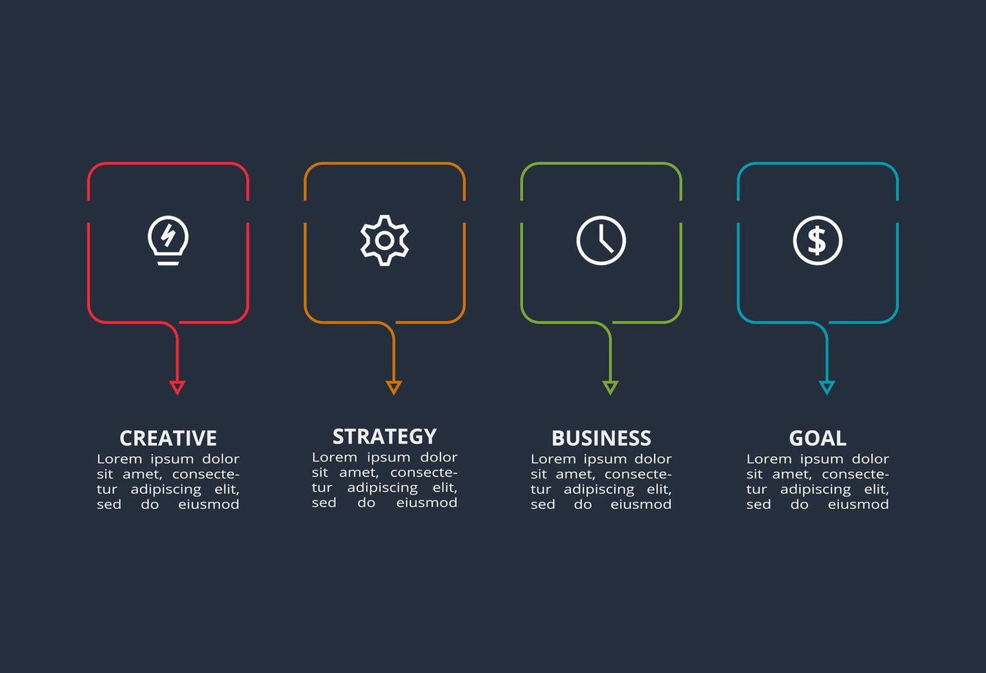 Line concept for infographic with 4 steps, options, parts or processes. Template for web on a black background. vector