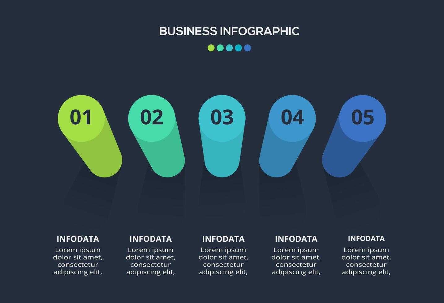 3d concept for infographic with 5 steps, options, parts or processes. Template for web on a black background. vector