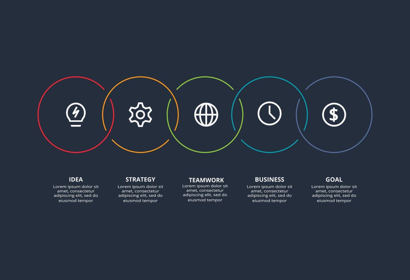 Line concept for infographic with 5 steps, options, parts or processes. Template for web on a black background. vector