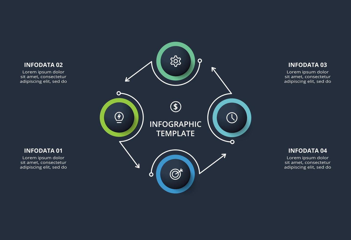 Diagram concept for infographic with 4 steps, options, parts or processes. Template for web on a black background. vector