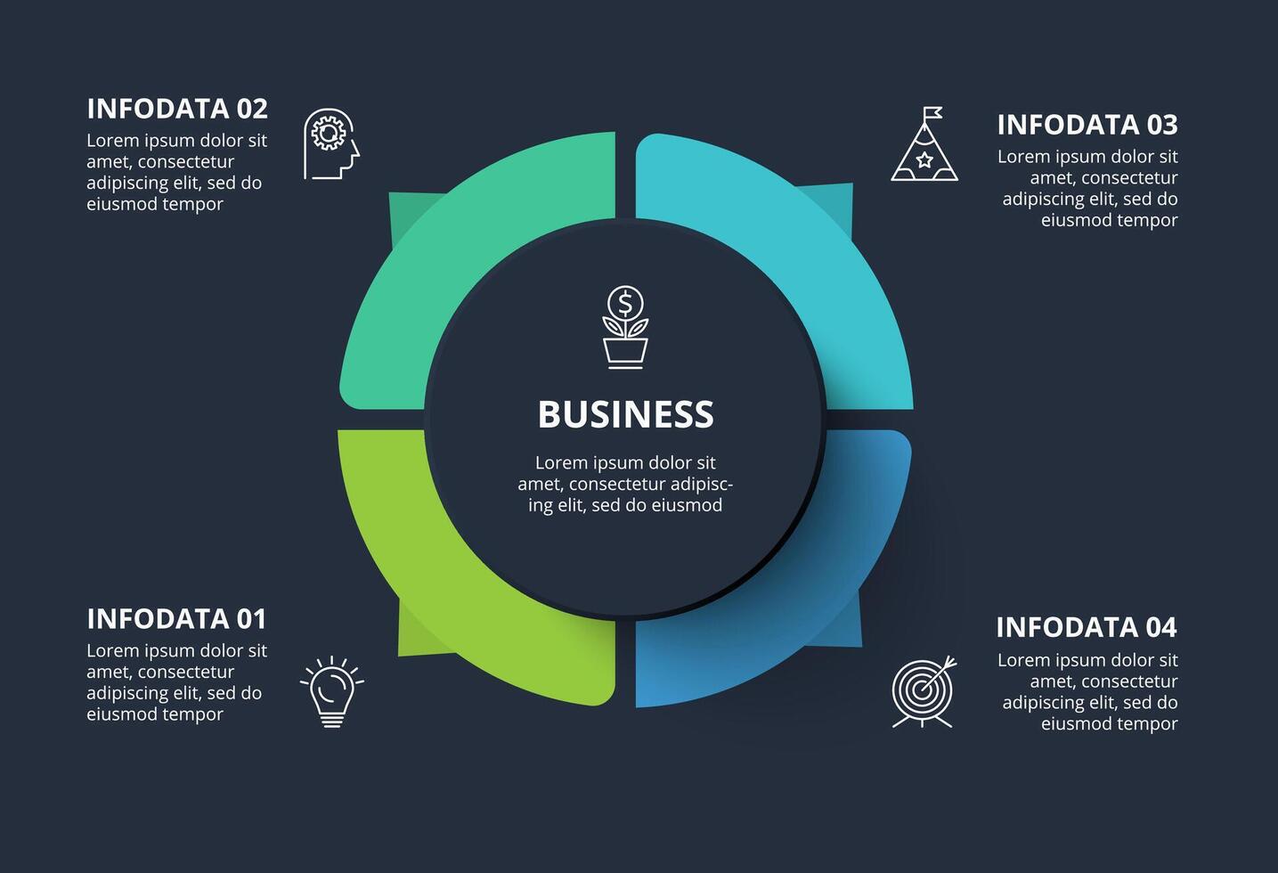 Diagram concept for infographic with 4 steps, options, parts or processes. Template for web on a black background. vector
