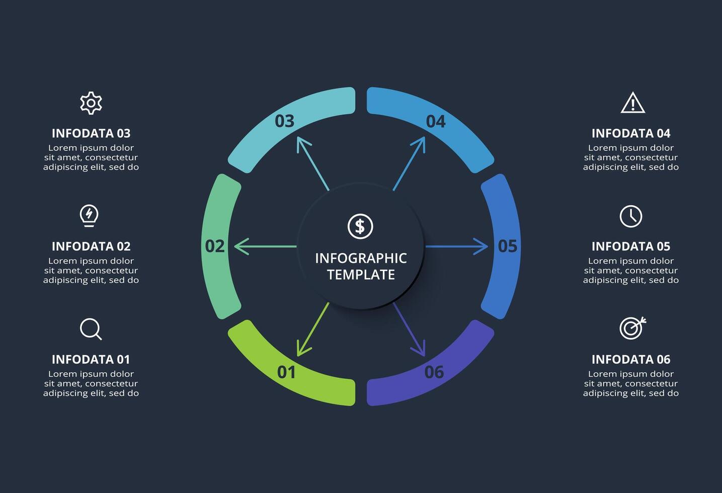 Diagram concept for infographic with 6 steps, options, parts or processes. Template for web on a black background. vector