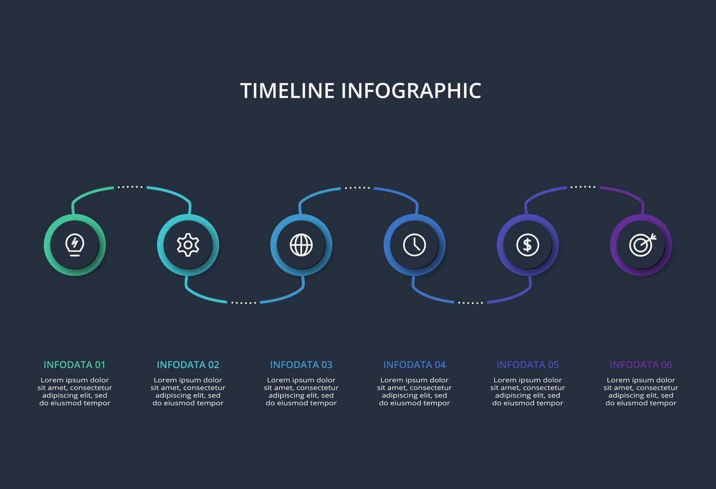 Creative dark infographic with 6 elements template for web on a black background, business, presentation. vector