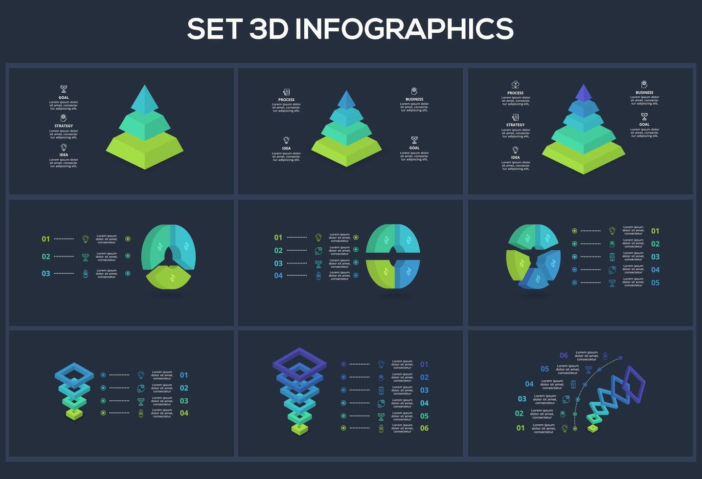 Set 3d concept for infographic with 3, 4, 5, 6 steps, parts or processes. Template for web on a black background. vector