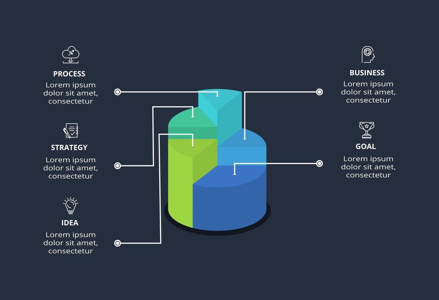 3d concept for infographic with 5 steps, options, parts or processes. Template for web on a black background. vector