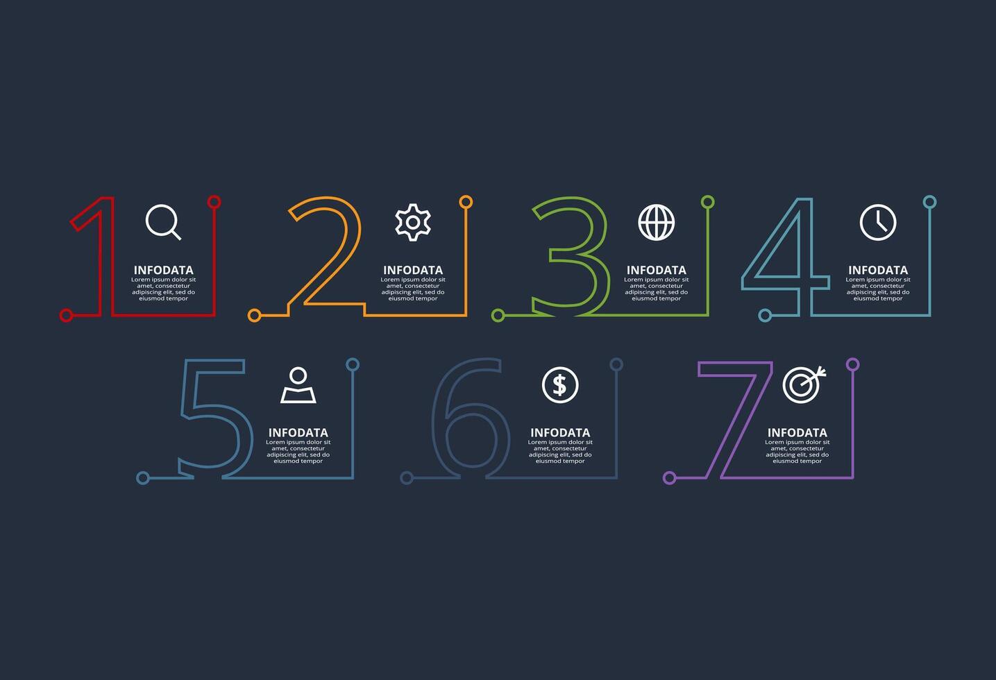 Line concept for infographic with 7 steps, options, parts or processes. Template for web on a black background. vector
