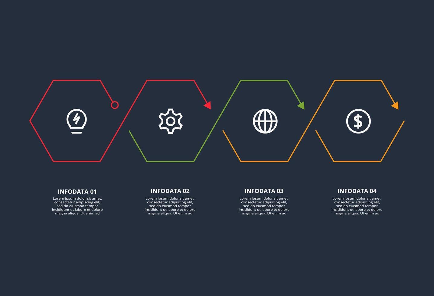 Line concept for infographic with 4 steps, options, parts or processes. Template for web on a black background. vector
