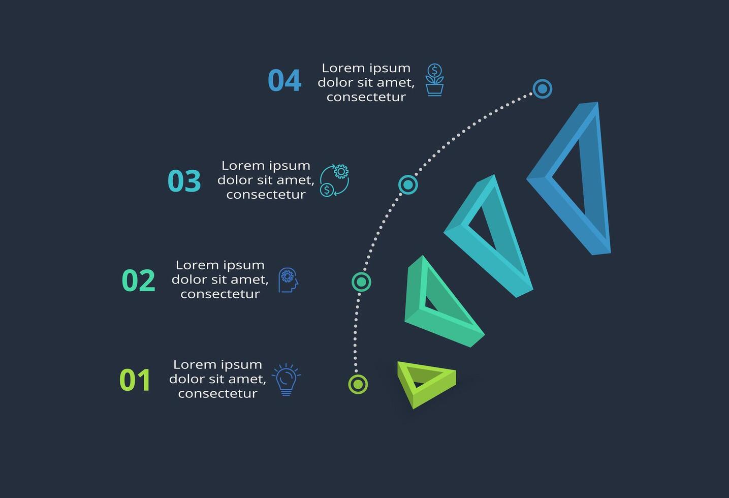 3d concept for infographic with 4 steps, options, parts or processes. Template for web on a black background. vector
