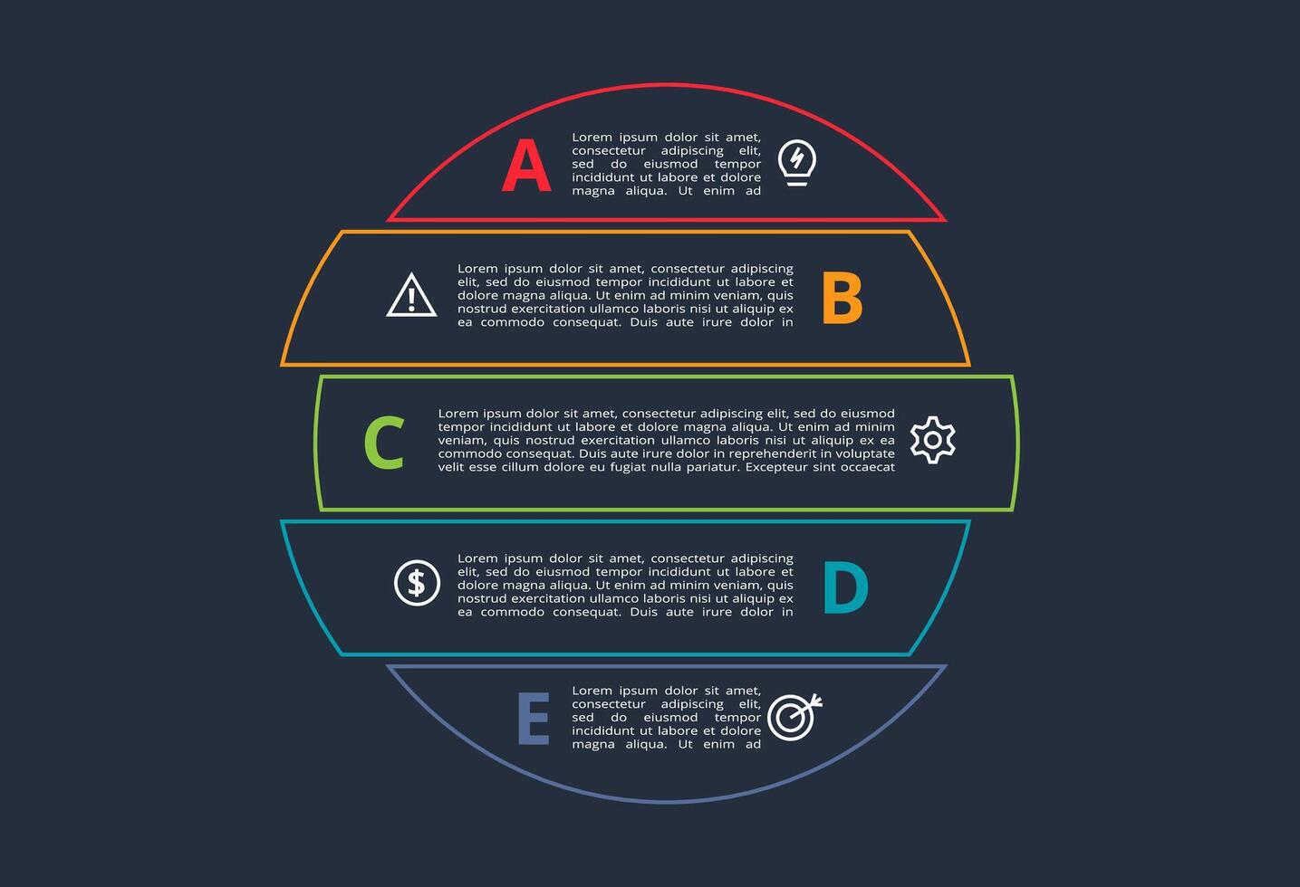 Line concept for infographic with 5 steps, options, parts or processes. Template for web on a black background. vector