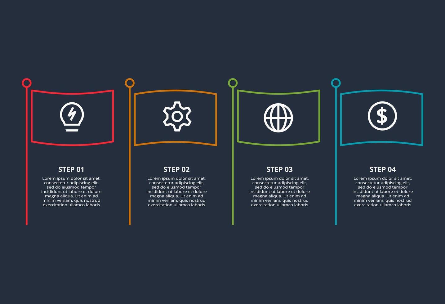 Line concept for infographic with 4 steps, options, parts or processes. Template for web on a black background. vector