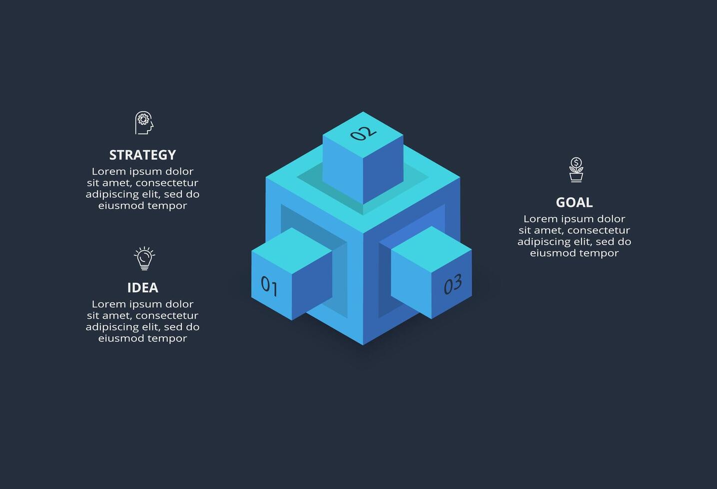 3d concept for infographic with 3 steps, options, parts or processes. Template for web on a black background. vector