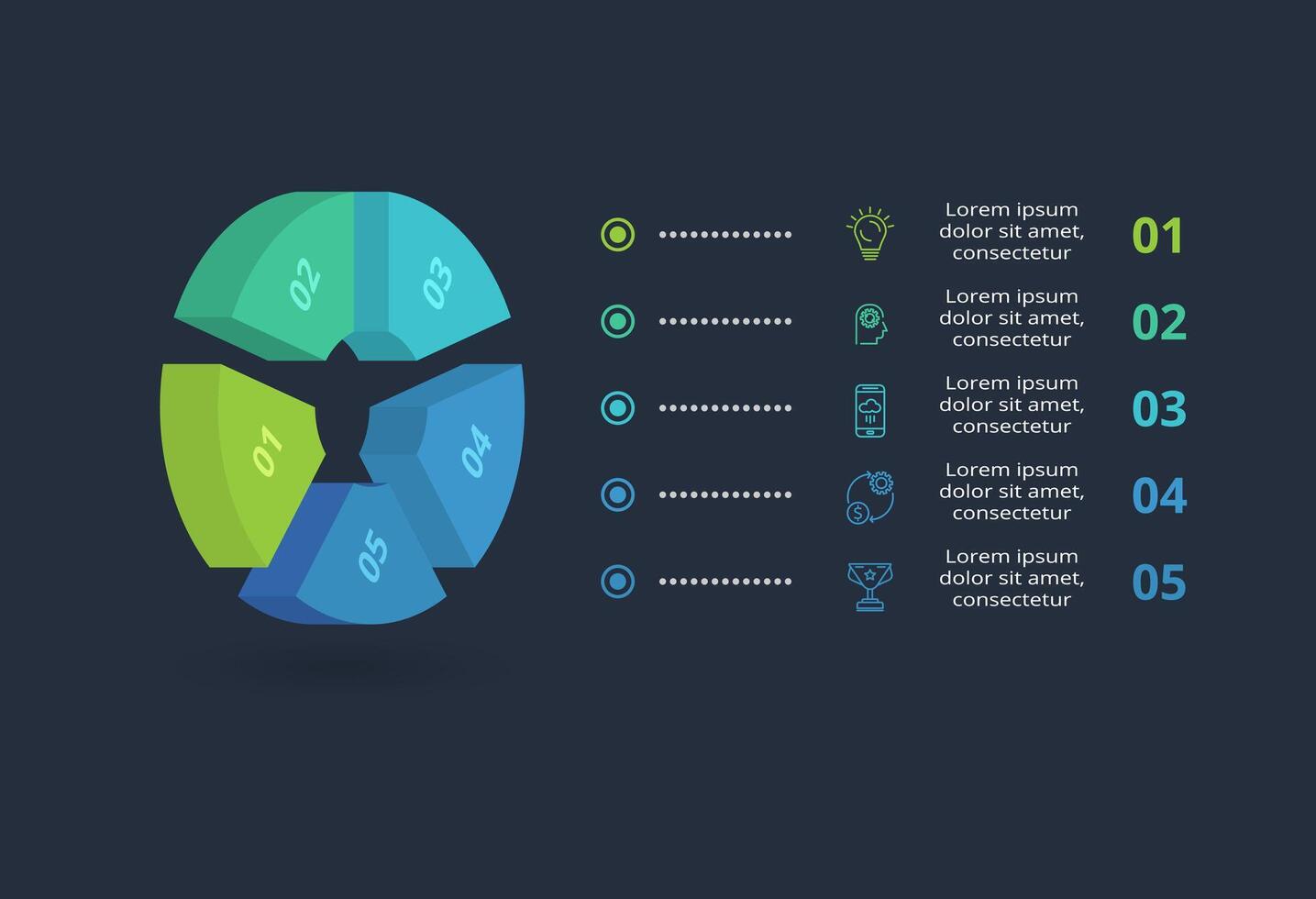 3d concept for infographic with 5 steps, options, parts or processes. Template for web on a black background. vector