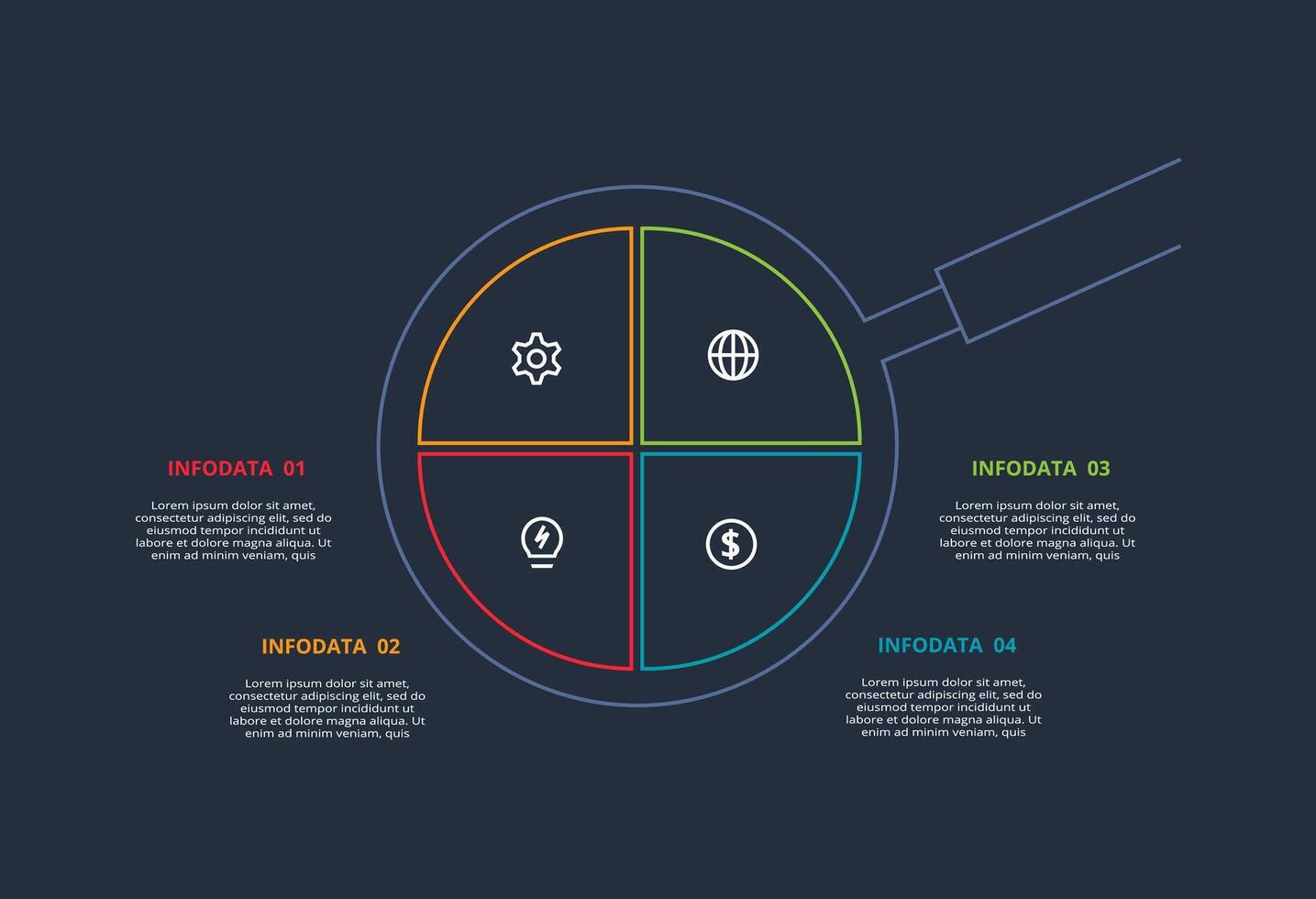 Line concept for infographic with 4 steps, options, parts or processes. Template for web on a black background. vector