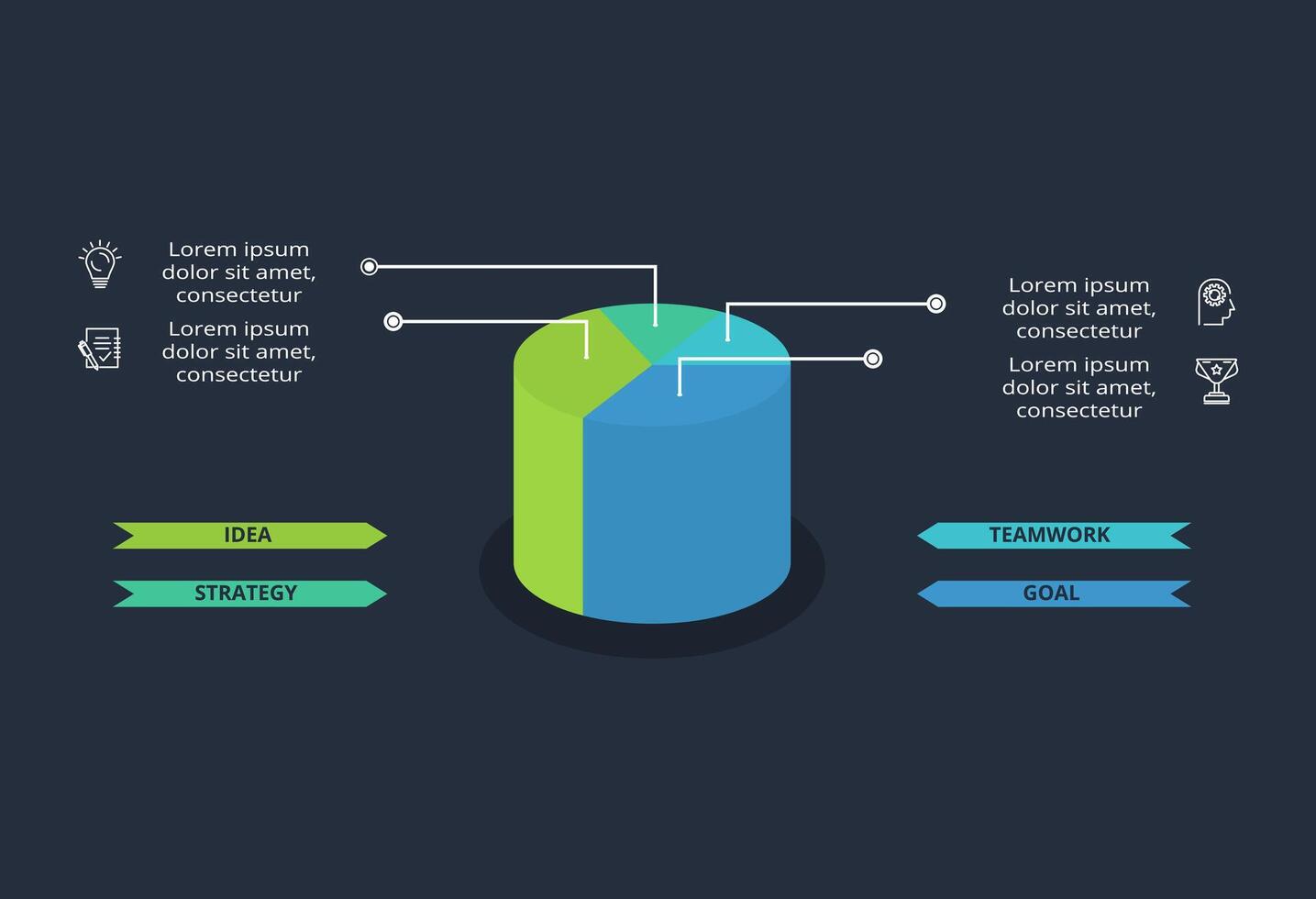 3d concept for infographic with 4 steps, options, parts or processes. Template for web on a black background. vector