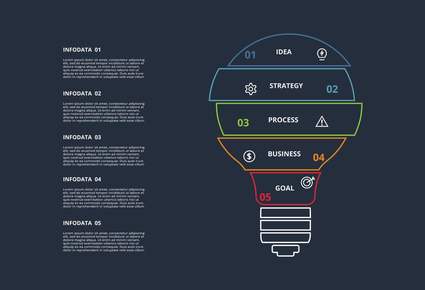 Line concept for infographic with 5 steps, options, parts or processes. Template for web on a black background. vector
