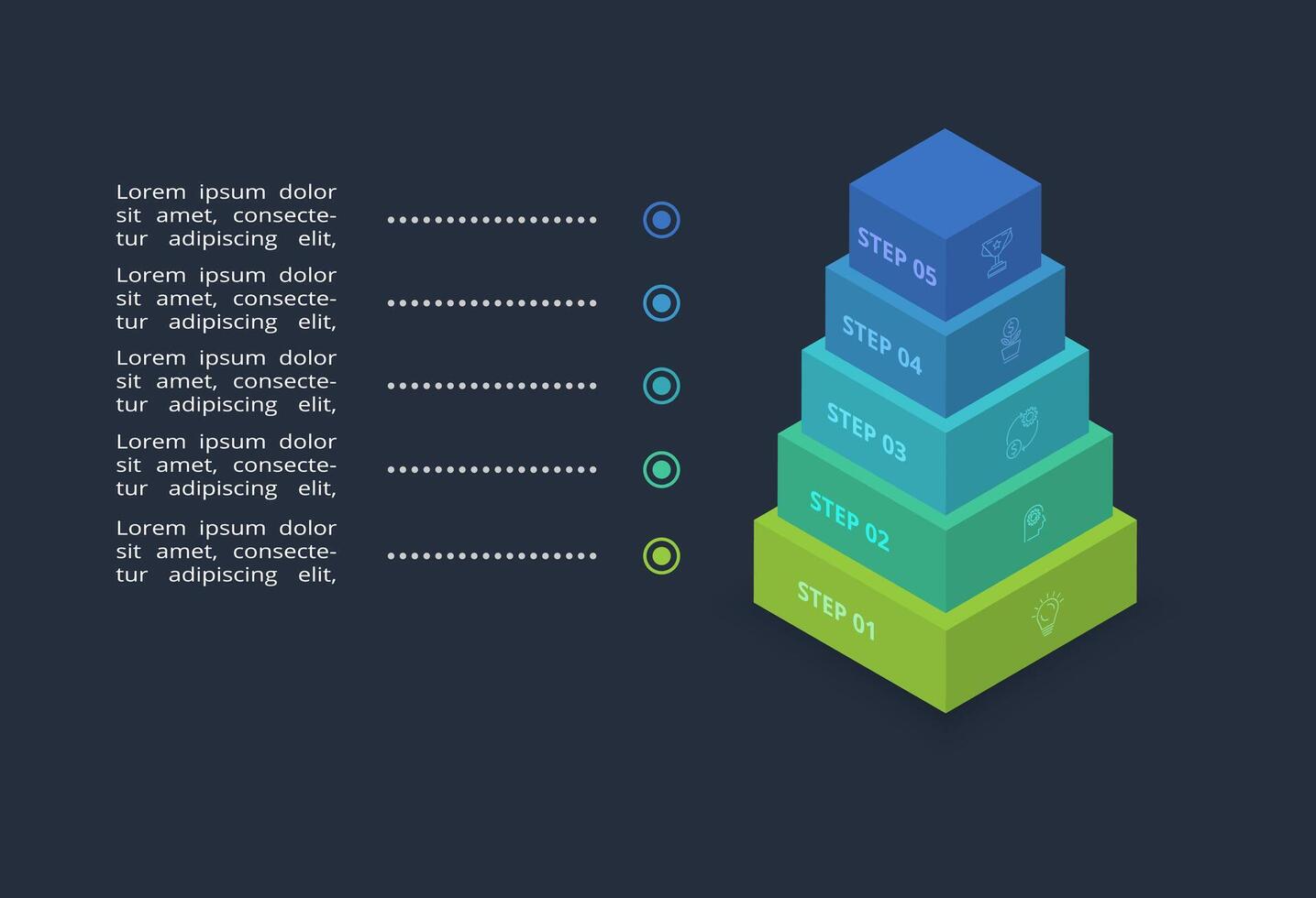 3d concept for infographic with 5 steps, options, parts or processes. Template for web on a black background. vector