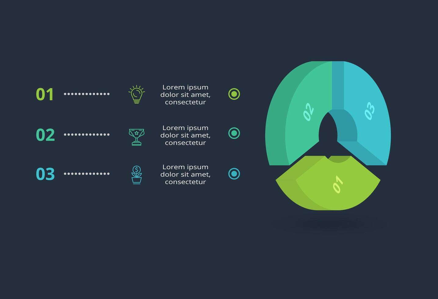 3d concept for infographic with 3 steps, options, parts or processes. Template for web on a black background. vector