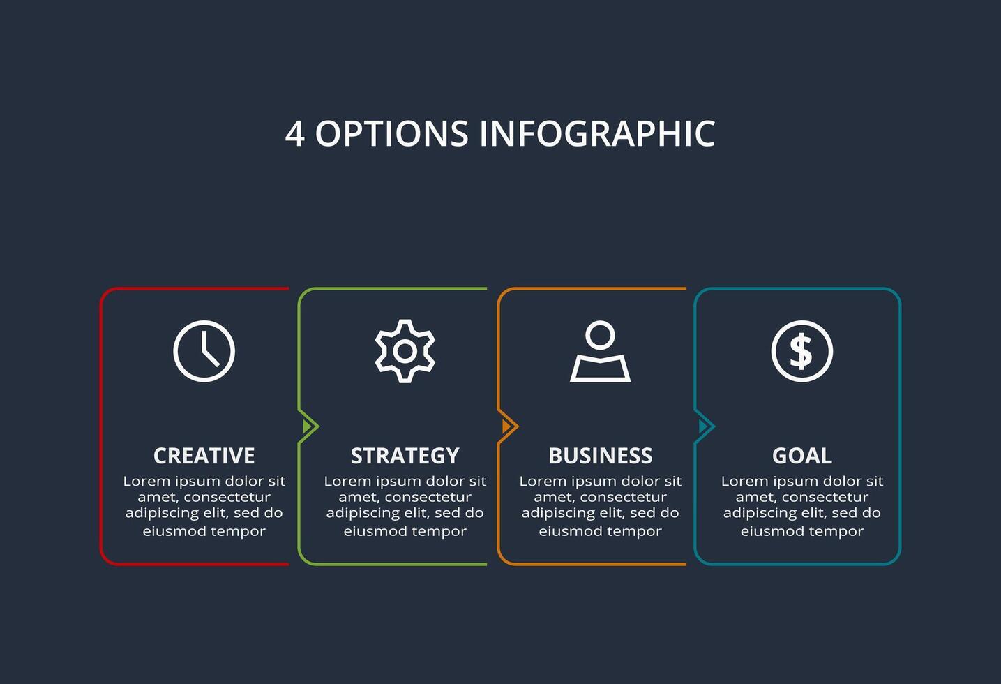 Line concept for infographic with 4 steps, options, parts or processes. Template for web on a black background. vector