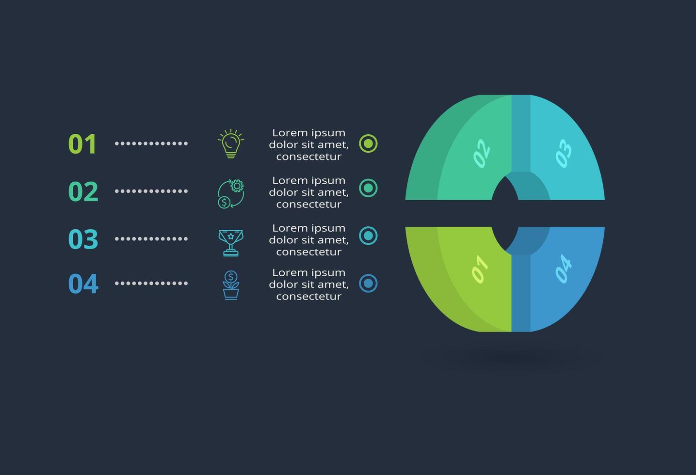3d concept for infographic with 4 steps, options, parts or processes. Template for web on a black background. vector