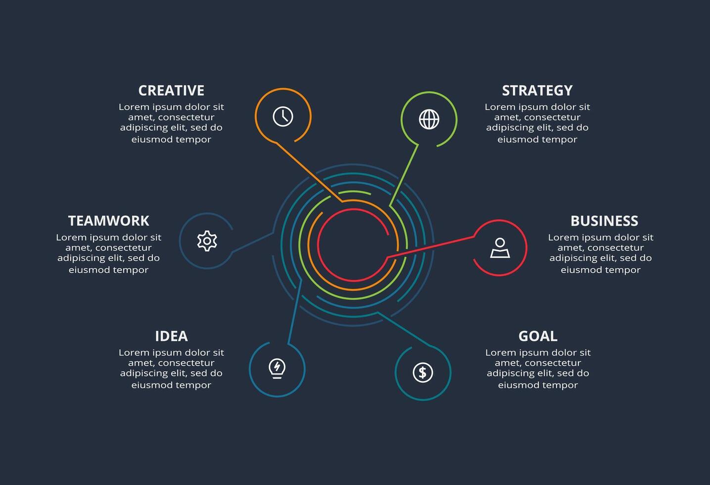 Line concept for infographic with 6 steps, options, parts or processes. Template for web on a black background. vector