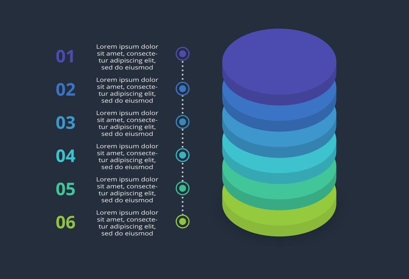 3d concept for infographic with 6 steps, options, parts or processes. Template for web on a black background. vector