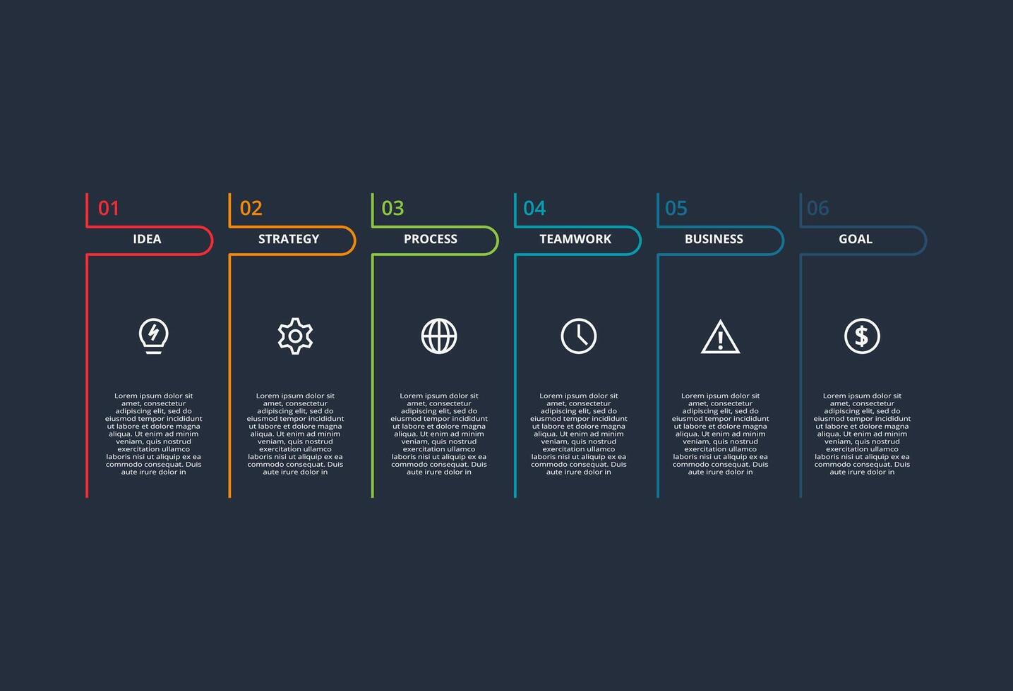 Line concept for infographic with 6 steps, options, parts or processes. Template for web on a black background. vector