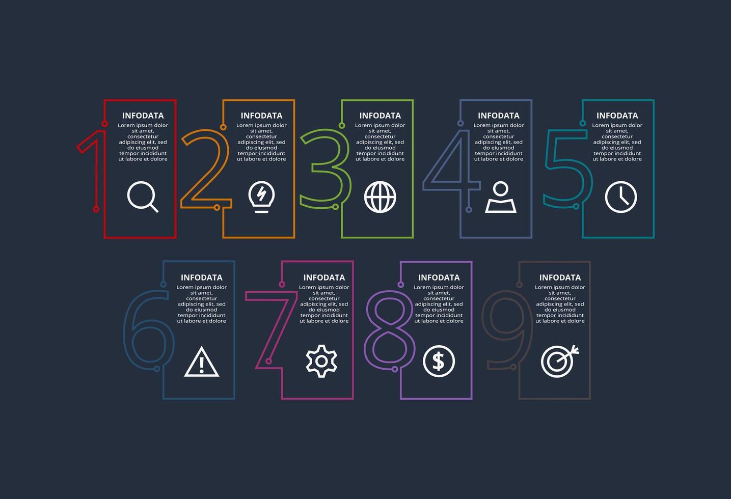 Line concept for infographic with 9 steps, options, parts or processes. Template for web on a black background. vector