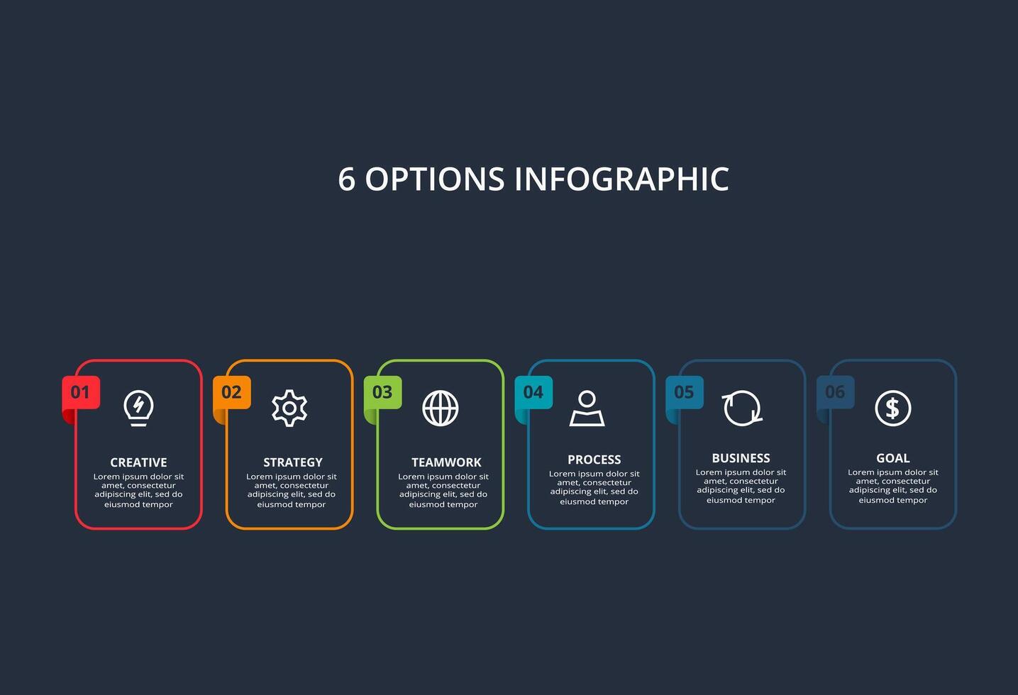 Line concept for infographic with 6 steps, options, parts or processes. Template for web on a black background. vector