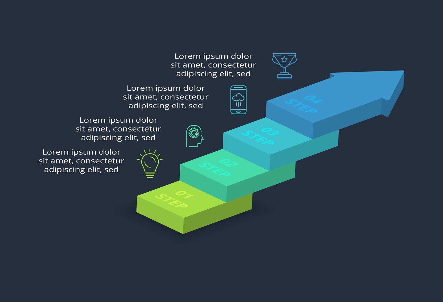 3d concept for infographic with 4 steps, options, parts or processes. Template for web on a black background. vector