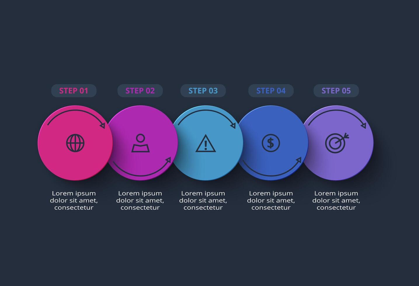 Creative dark infographic with 5 elements template for web on a black background, business, presentation. vector