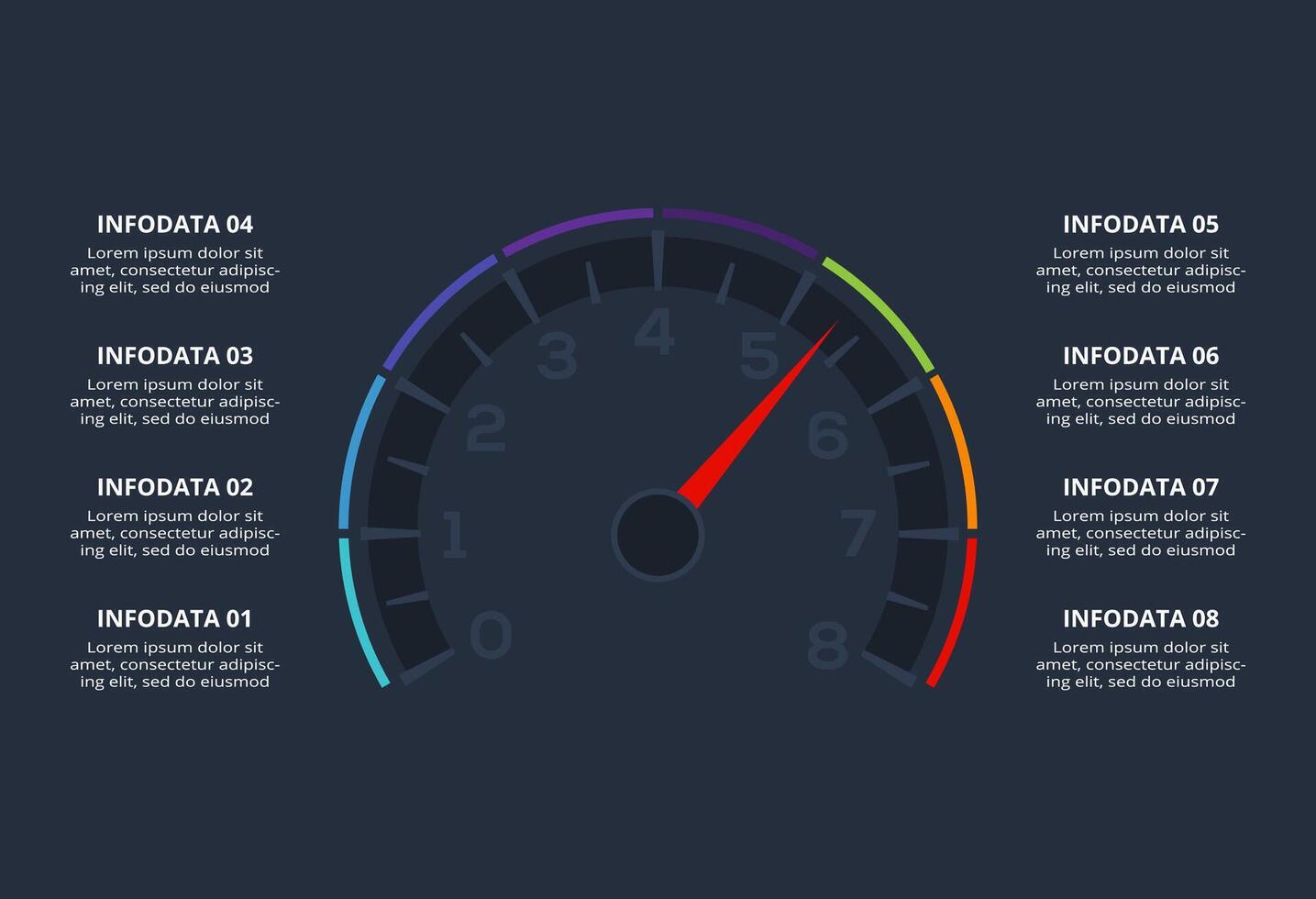 Creative dark infographic with 8 elements template for web on a black background, business, presentation. vector