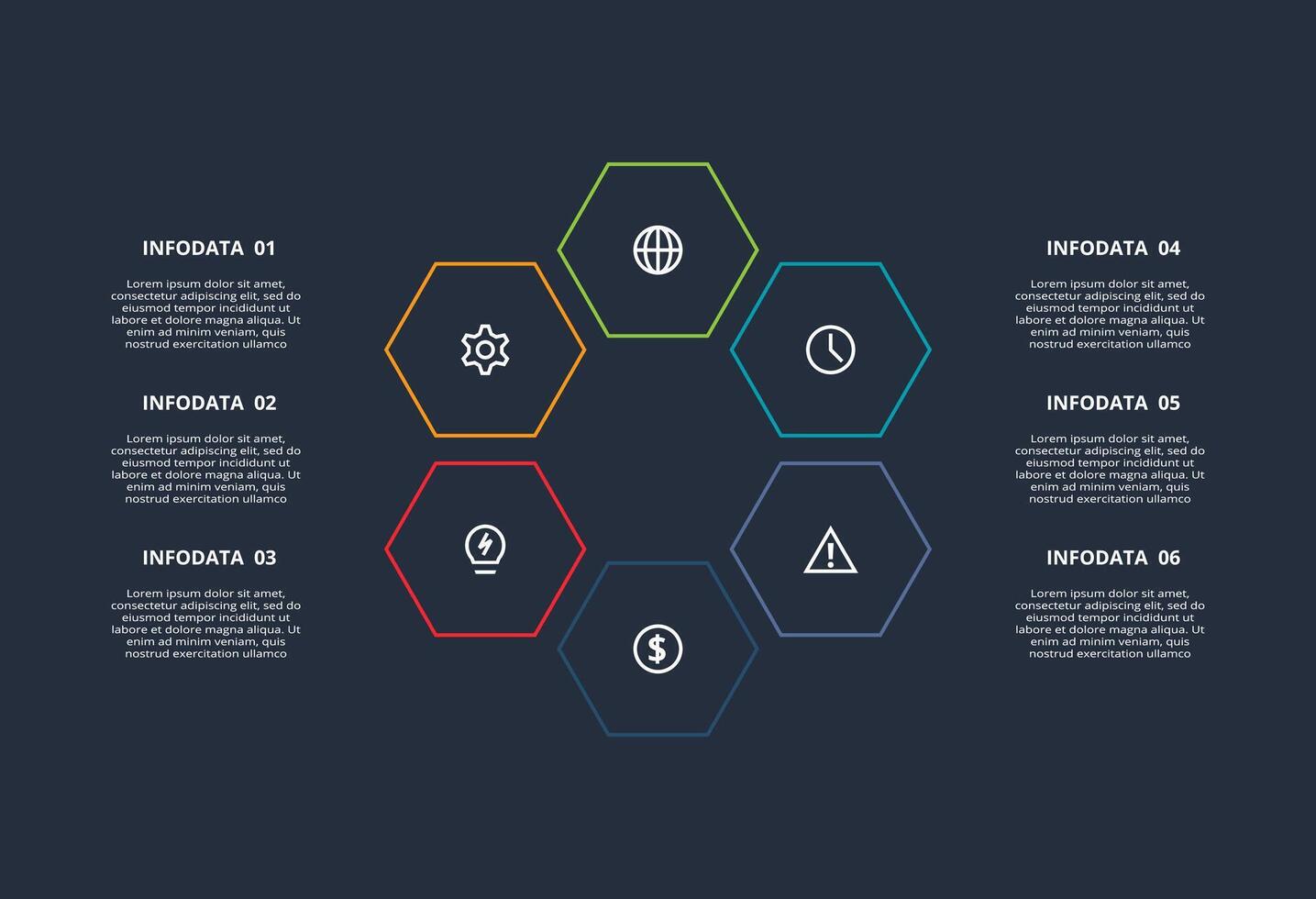 Line concept for infographic with 6 steps, options, parts or processes. Template for web on a black background. vector