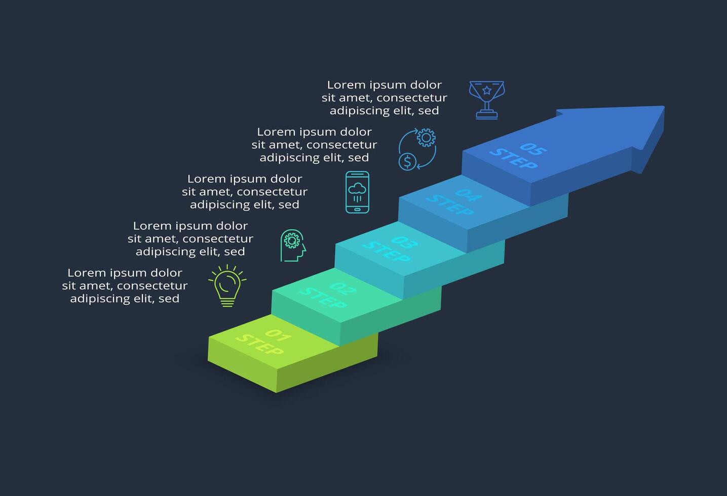 3d concept for infographic with 5 steps, options, parts or processes. Template for web on a black background. vector