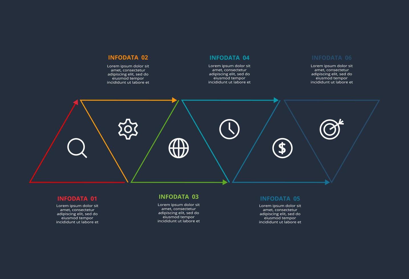 Line concept for infographic with 6 steps, options, parts or processes. Template for web on a black background. vector