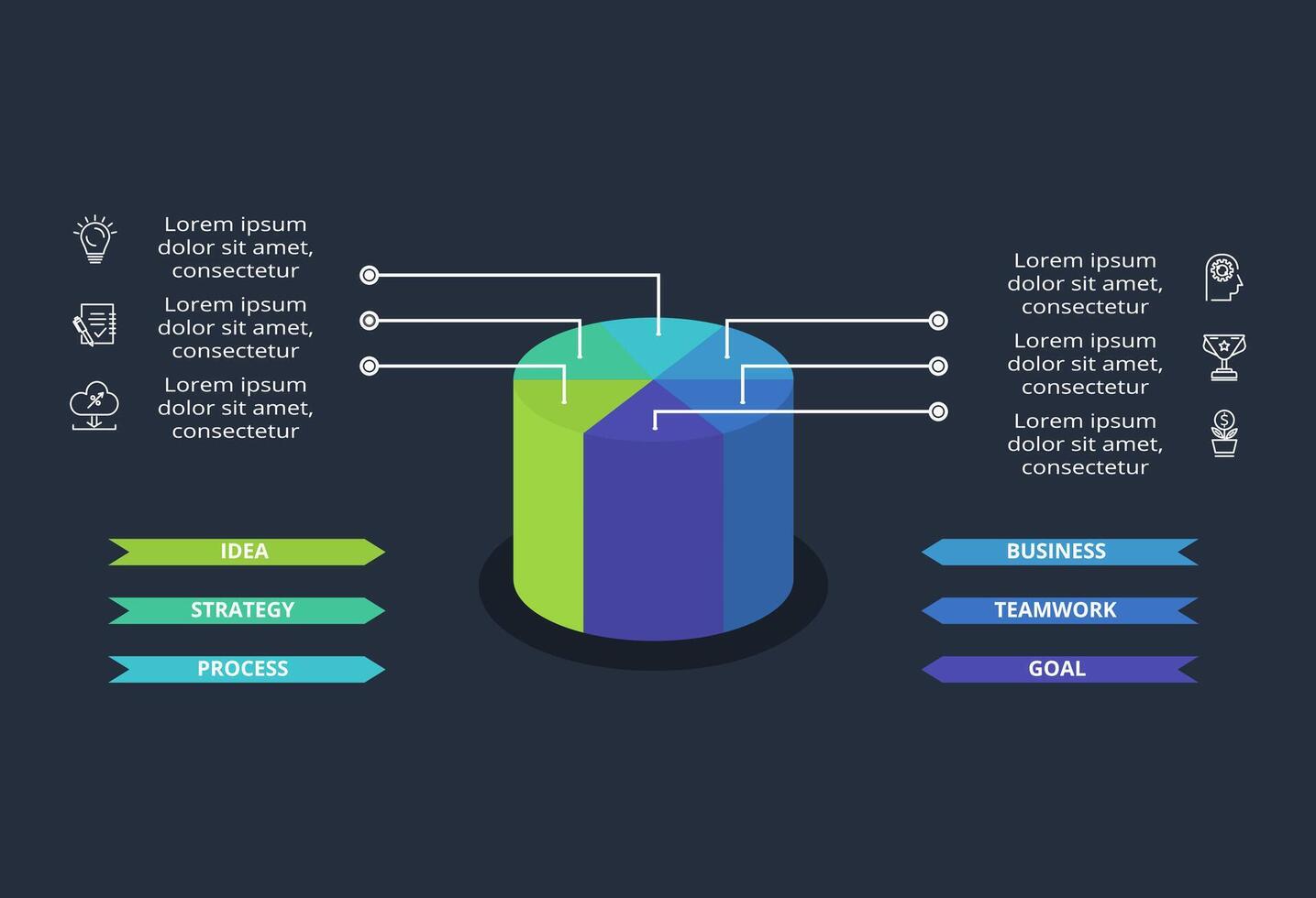 3d concept for infographic with 6 steps, options, parts or processes. Template for web on a black background. vector