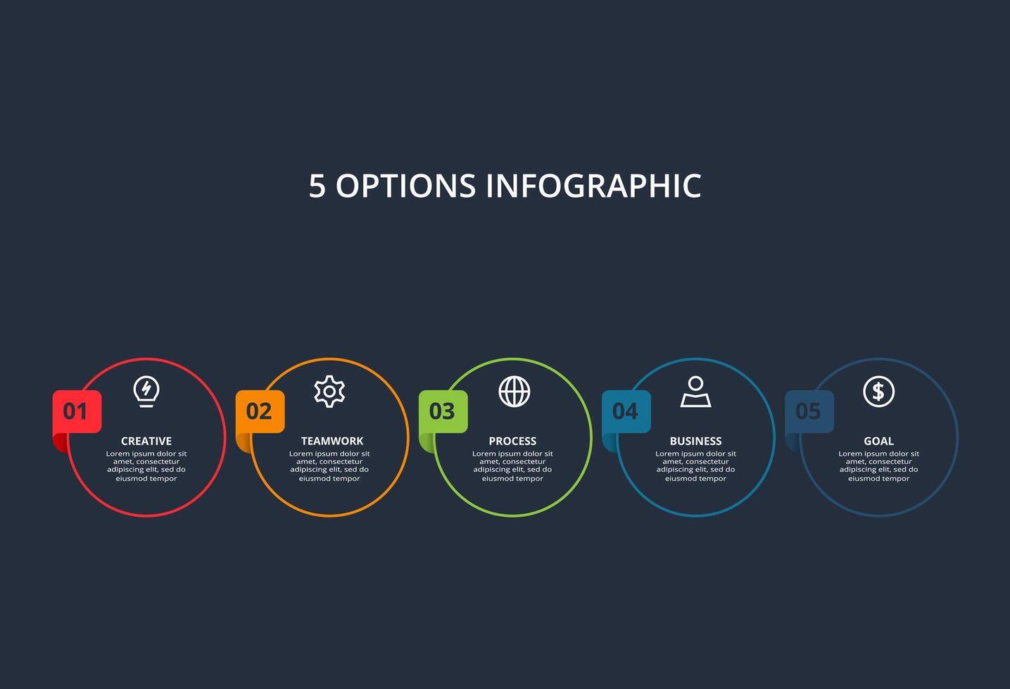 Line concept for infographic with 5 steps, options, parts or processes. Template for web on a black background. vector