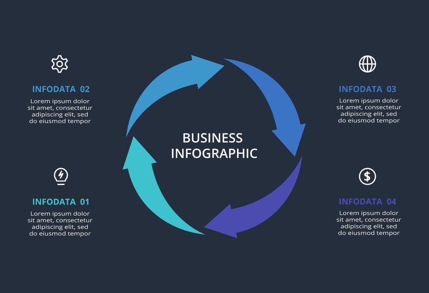Creative dark infographic with 4 elements template for web on a black background, business, presentation. vector
